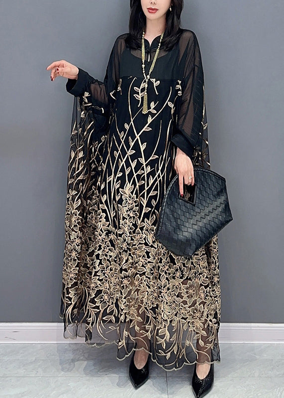 Classy Black Stand Collar Embroideried Button Tulle Maxi Dress Long Sleeve LC0357 - fabuloryshop