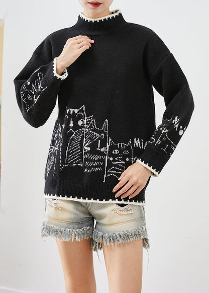 Classy Black Turtle Neck Print Knit Sweater Tops Fall Ada Fashion