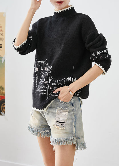 Classy Black Turtle Neck Print Knit Sweater Tops Fall Ada Fashion