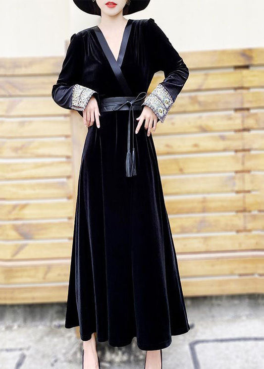 Classy Black V Neck Embroideried Patchwork Velour Dress Spring LC0245 - fabuloryshop