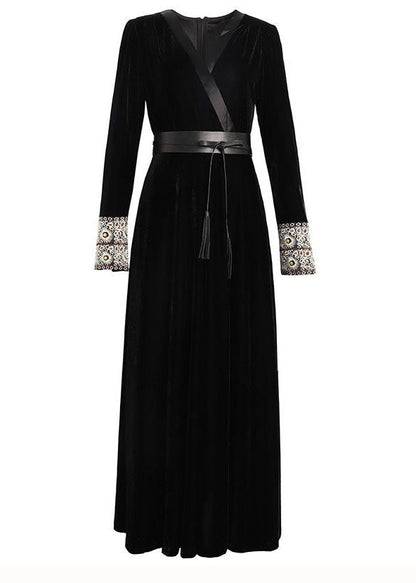 Classy Black V Neck Embroideried Patchwork Velour Dress Spring LC0245 - fabuloryshop