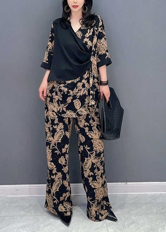 Classy Black V Neck Fake Two Pieces Top And Wide Leg Pants Two Piece Set Spring LC0307 - fabuloryshop