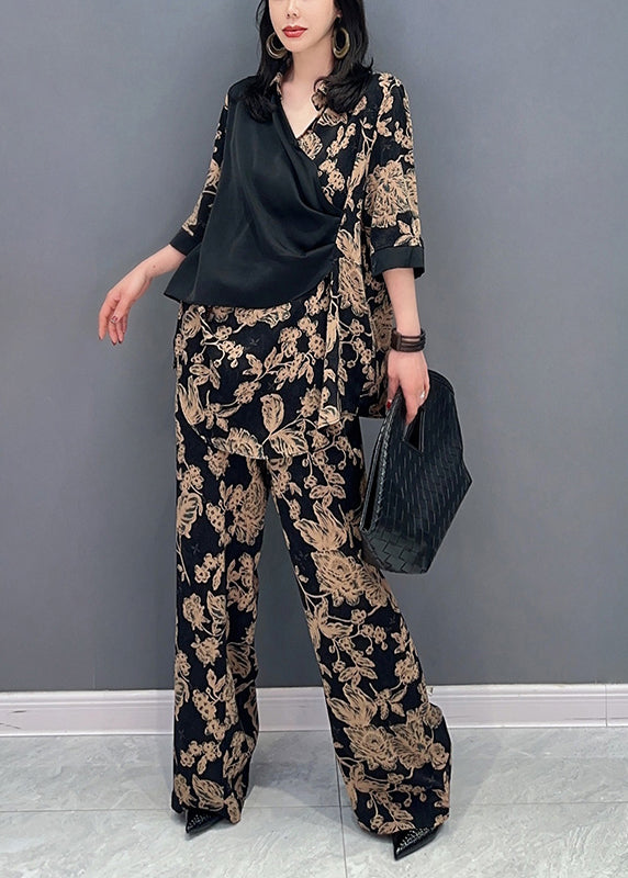 Classy Black V Neck Fake Two Pieces Top And Wide Leg Pants Two Piece Set Spring LC0307 - fabuloryshop