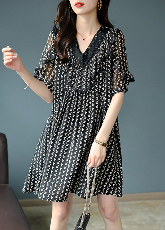 Classy Black V Neck Lace Patchwork Print Chiffon Mid Dress Short Sleeve Ada Fashion