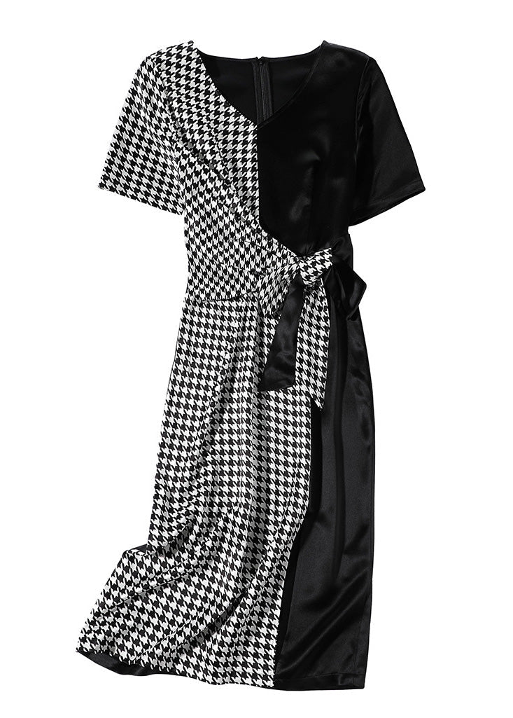 Classy Black V Neck Patchwork Plaid Tie Waist Silk Long Dresses Summer LY1049 - fabuloryshop