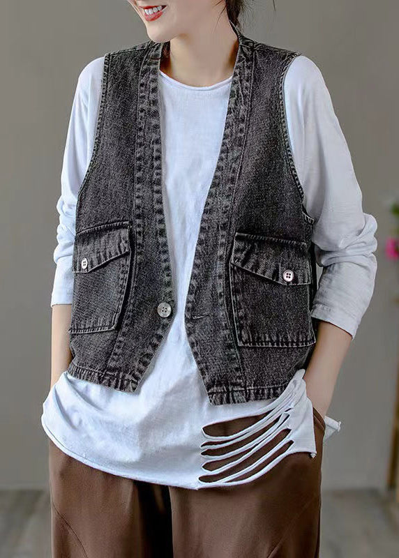 Classy Black V Neck Pockets Patchwork Denim Waistcoat Fall Ada Fashion