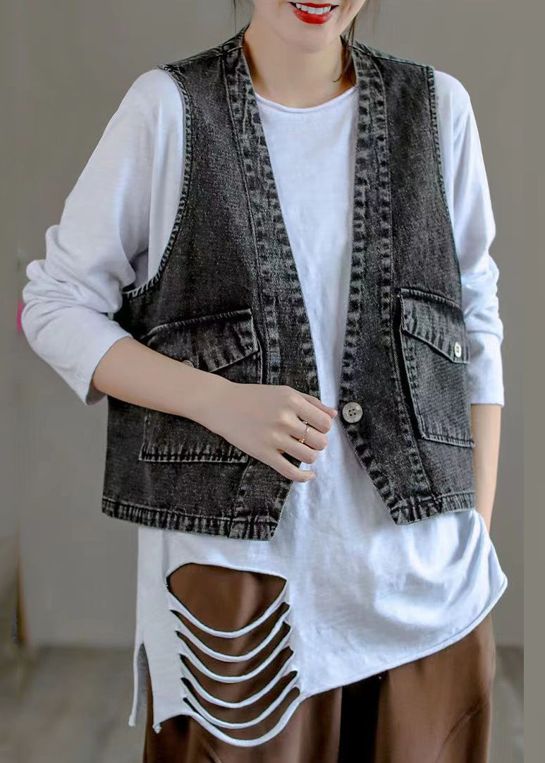 Classy Black V Neck Pockets Patchwork Denim Waistcoat Fall Ada Fashion