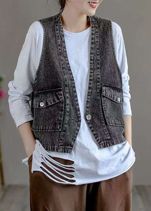 Classy Black V Neck Pockets Patchwork Denim Waistcoat Fall Ada Fashion