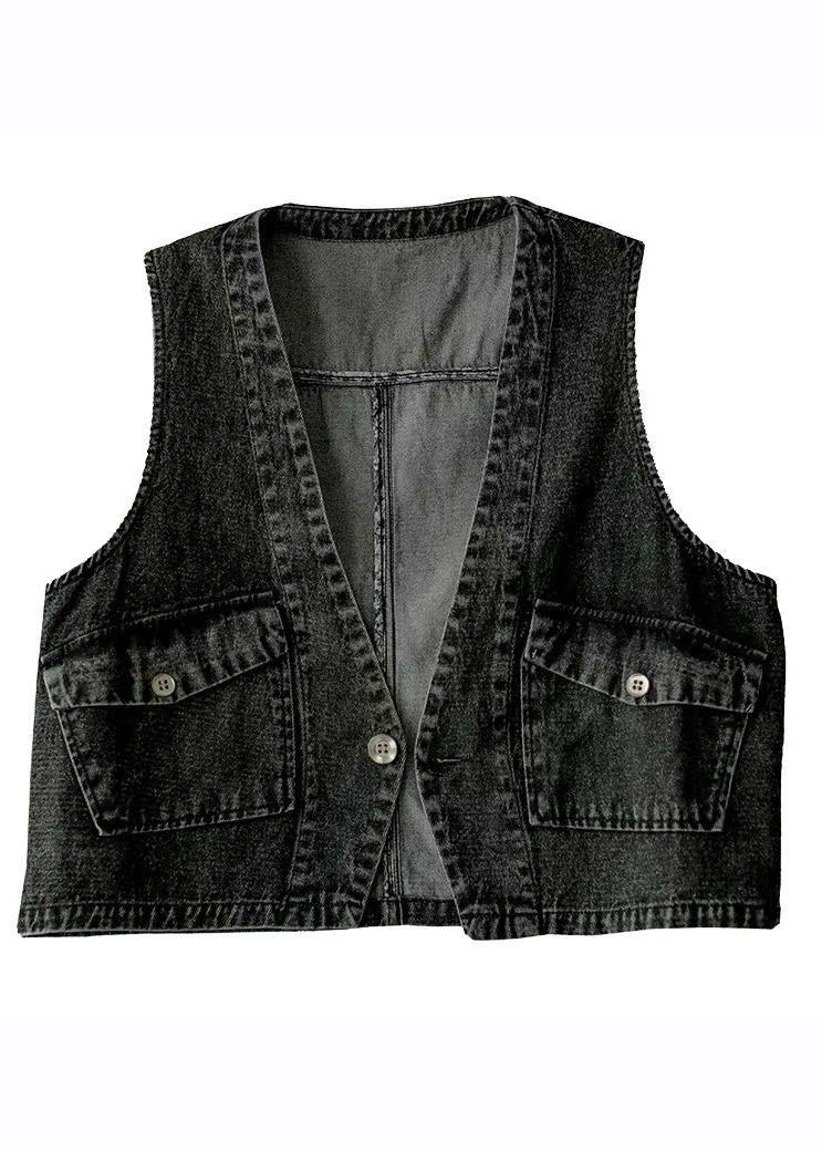 Classy Black V Neck Pockets Patchwork Denim Waistcoat Fall Ada Fashion