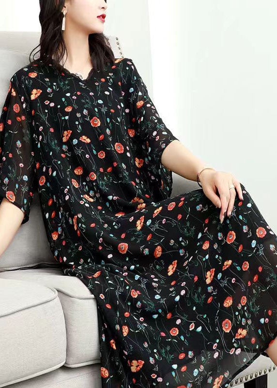 Classy Black V Neck Print Lace Patchwork Chiffon Dresses Summer Ada Fashion
