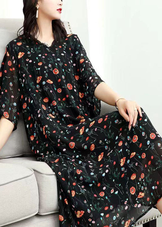Classy Black V Neck Print Lace Patchwork Chiffon Dresses Summer Ada Fashion