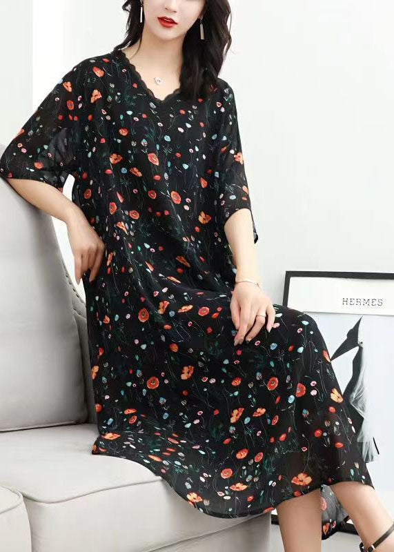 Classy Black V Neck Print Lace Patchwork Chiffon Dresses Summer Ada Fashion