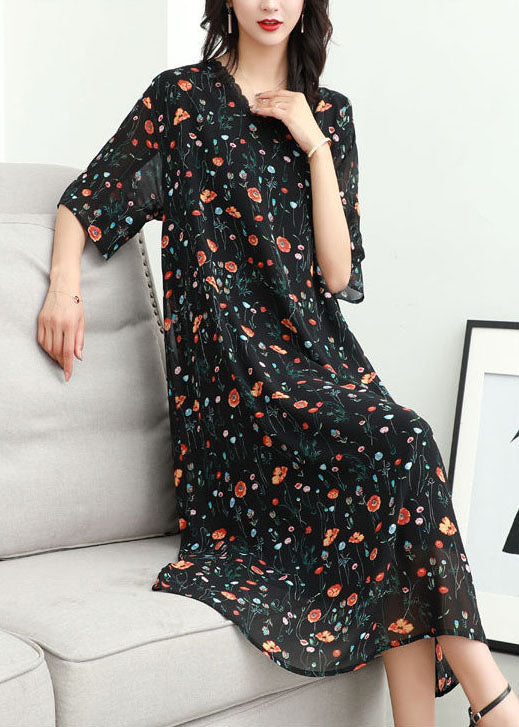 Classy Black V Neck Print Lace Patchwork Chiffon Dresses Summer Ada Fashion