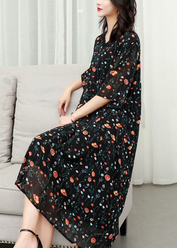 Classy Black V Neck Print Lace Patchwork Chiffon Dresses Summer Ada Fashion