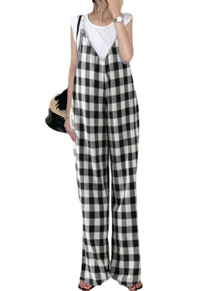 Classy Black White Plaid Oversized Cotton Overalls Jumpsuit Summer LY1320 - fabuloryshop