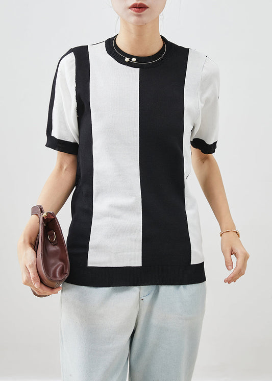 Classy Black White Striped Knit Tank Short Sleeve Ada Fashion