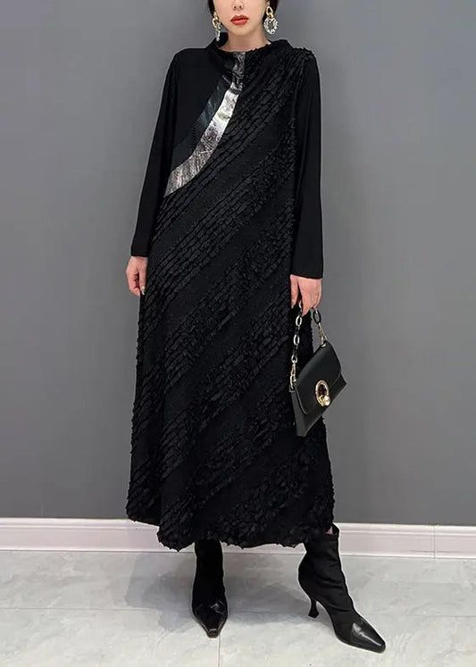 Classy Black Wrinkled Patchwork Cotton Long Dress Fall Ada Fashion