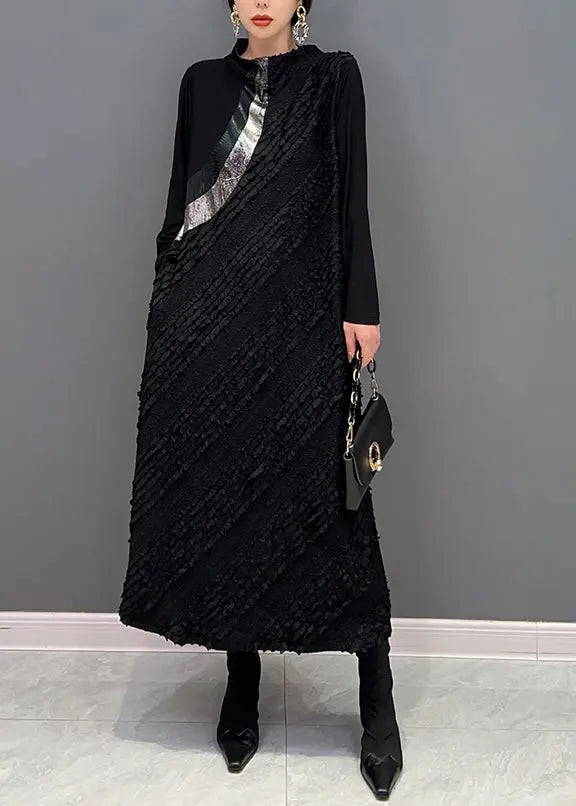 Classy Black Wrinkled Patchwork Cotton Long Dress Fall Ada Fashion