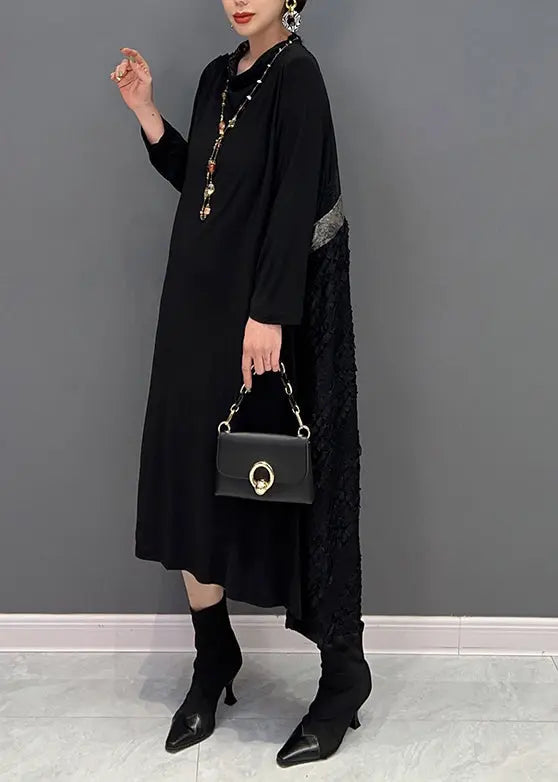 Classy Black Wrinkled Patchwork Cotton Long Dress Fall Ada Fashion