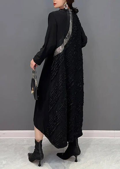 Classy Black Wrinkled Patchwork Cotton Long Dress Fall Ada Fashion