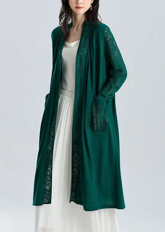 Classy Blackish Green V Neck Patchwork Hollow Out Long Ice Size Knit Cardigan Sum Ada Fashion