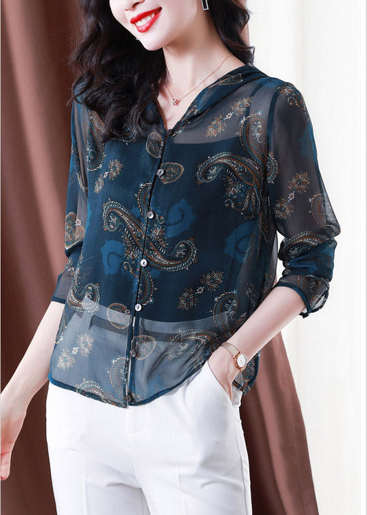Classy Blue Embroideried Button Hooded Tulle Coat Long Sleeve TI1060 - fabuloryshop
