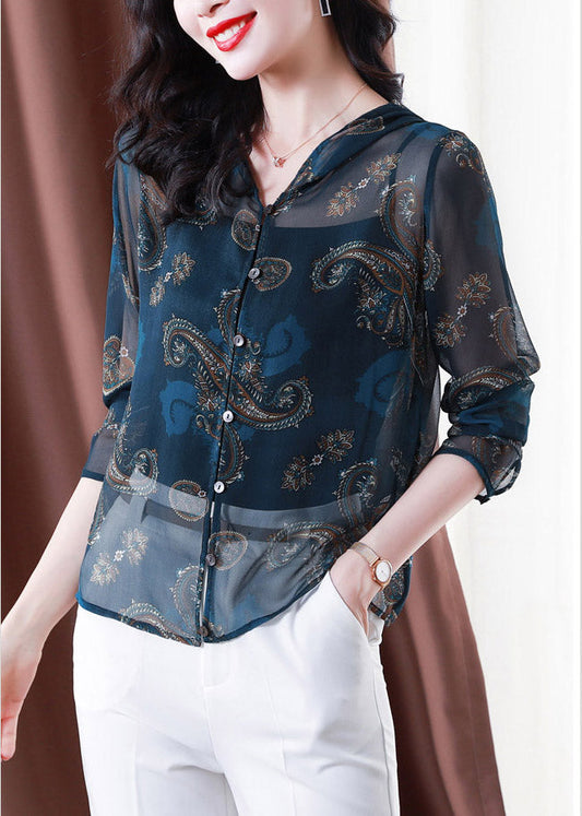 Classy Blue Embroideried Button Hooded Tulle Coat Long Sleeve LY4432 - fabuloryshop