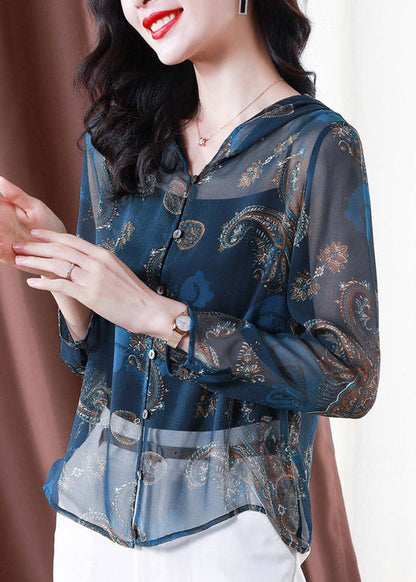 Classy Blue Embroideried Button Hooded Tulle Coat Long Sleeve TI1060 - fabuloryshop