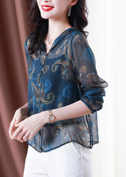 Classy Blue Embroideried Button Hooded Tulle Coat Long Sleeve TI1060 - fabuloryshop