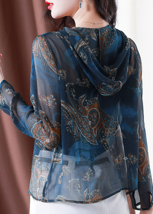 Classy Blue Embroideried Button Hooded Tulle Coat Long Sleeve TI1060 - fabuloryshop