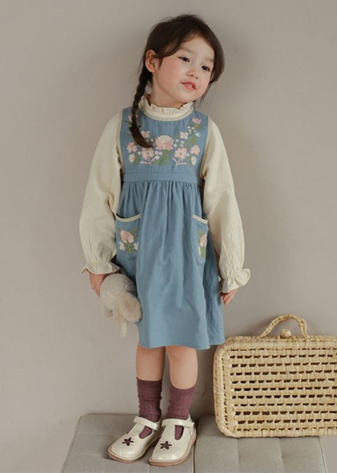 Classy Blue Embroideried Pockets Patchwork Cotton Girls Two Pieces Set Fall Ada Fashion