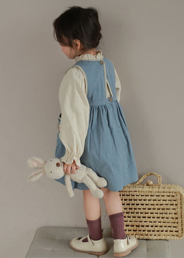 Classy Blue Embroideried Pockets Patchwork Cotton Girls Two Pieces Set Fall Ada Fashion