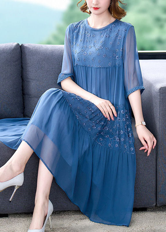 Classy Blue Embroideried Wrinkled Patchwork Chiffon Dresses Summer LY4544 - fabuloryshop