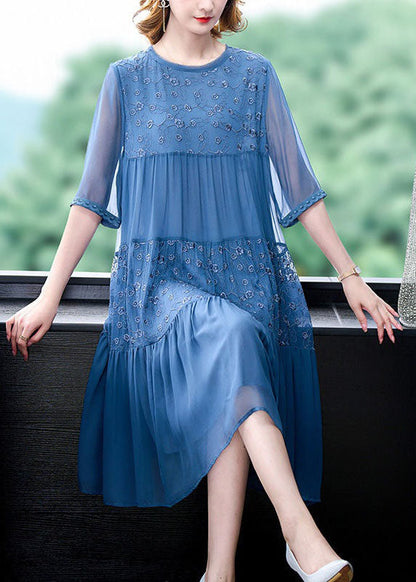 Classy Blue Embroideried Wrinkled Patchwork Chiffon Dresses Summer LY4544 - fabuloryshop