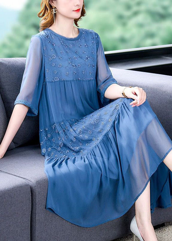 Classy Blue Embroideried Wrinkled Patchwork Chiffon Dresses Summer LY4544 - fabuloryshop