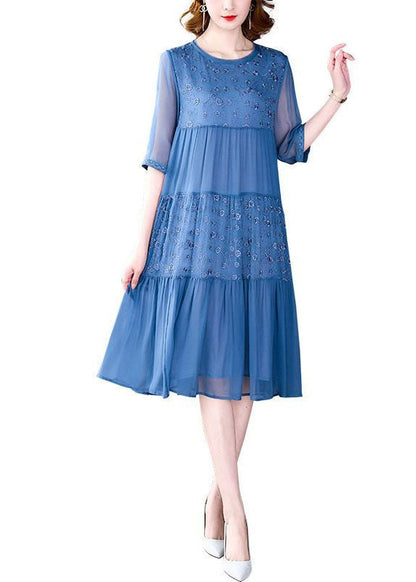 Classy Blue Embroideried Wrinkled Patchwork Chiffon Dresses Summer LY4544 - fabuloryshop