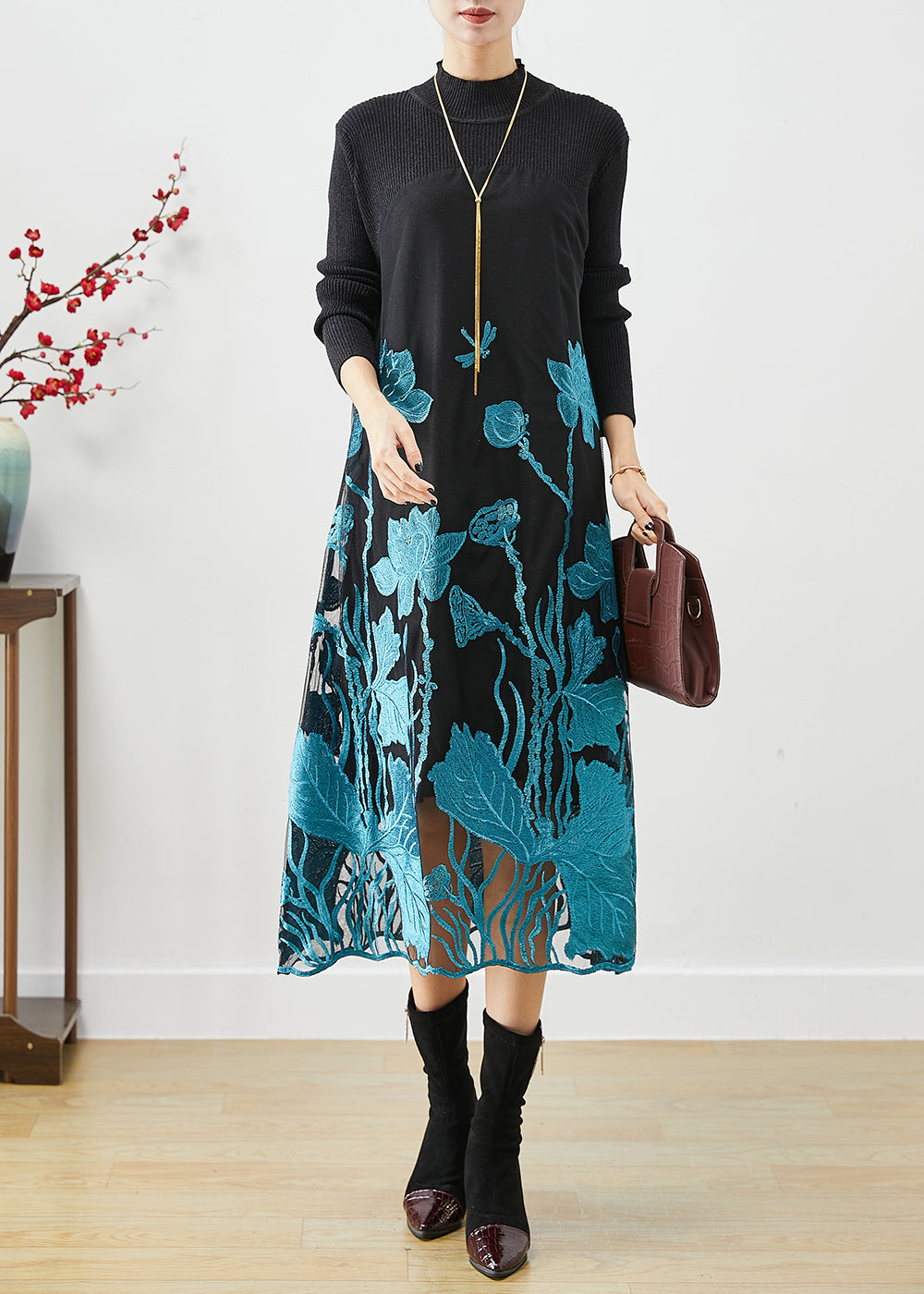 Classy Blue Lotus Embroideried Patchwork Knit Holiday Dress Fall Ada Fashion