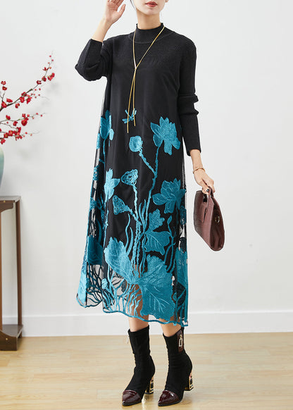 Classy Blue Lotus Embroideried Patchwork Knit Holiday Dress Fall Ada Fashion