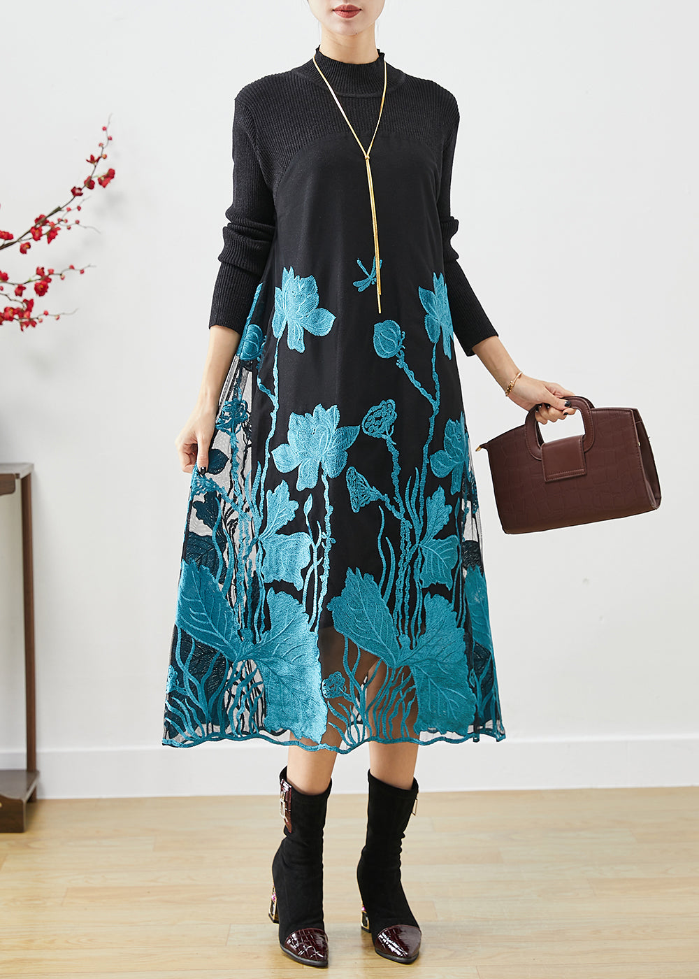 Classy Blue Lotus Embroideried Patchwork Knit Holiday Dress Fall Ada Fashion