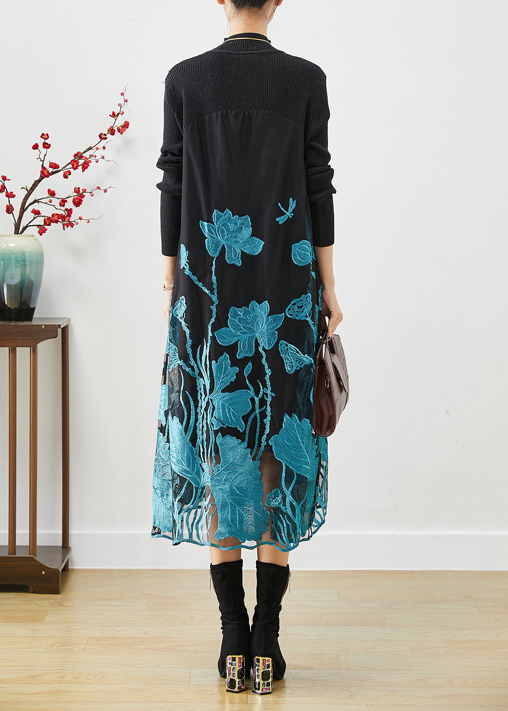 Classy Blue Lotus Embroideried Patchwork Knit Holiday Dress Fall Ada Fashion