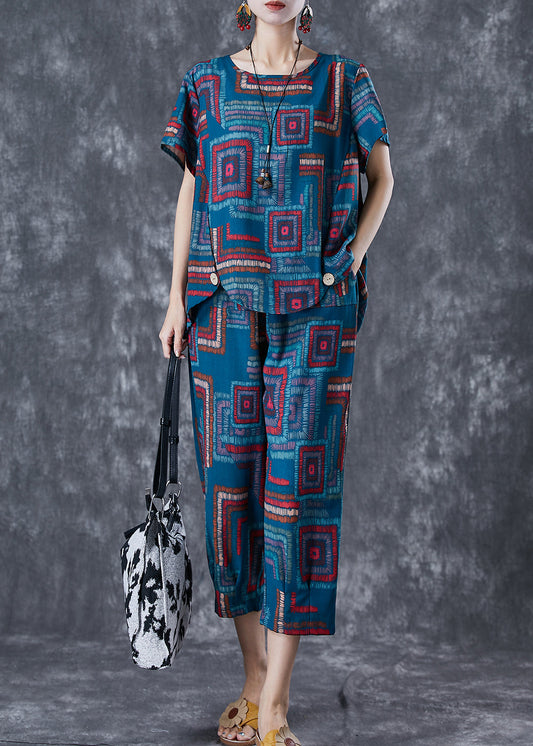 Classy Blue O-Neck Print Linen Silk Women Sets 2 Pieces Summer TD1042 - fabuloryshop