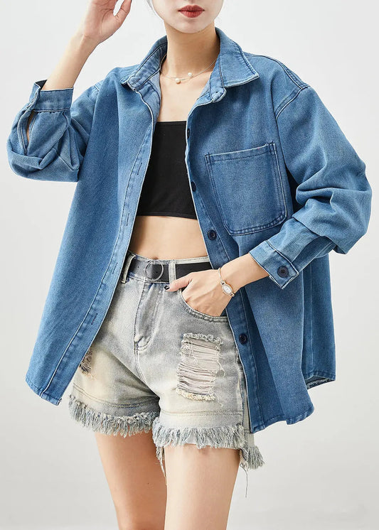 Classy Blue Oversized Pocket Denim Shirt Fall Ada Fashion