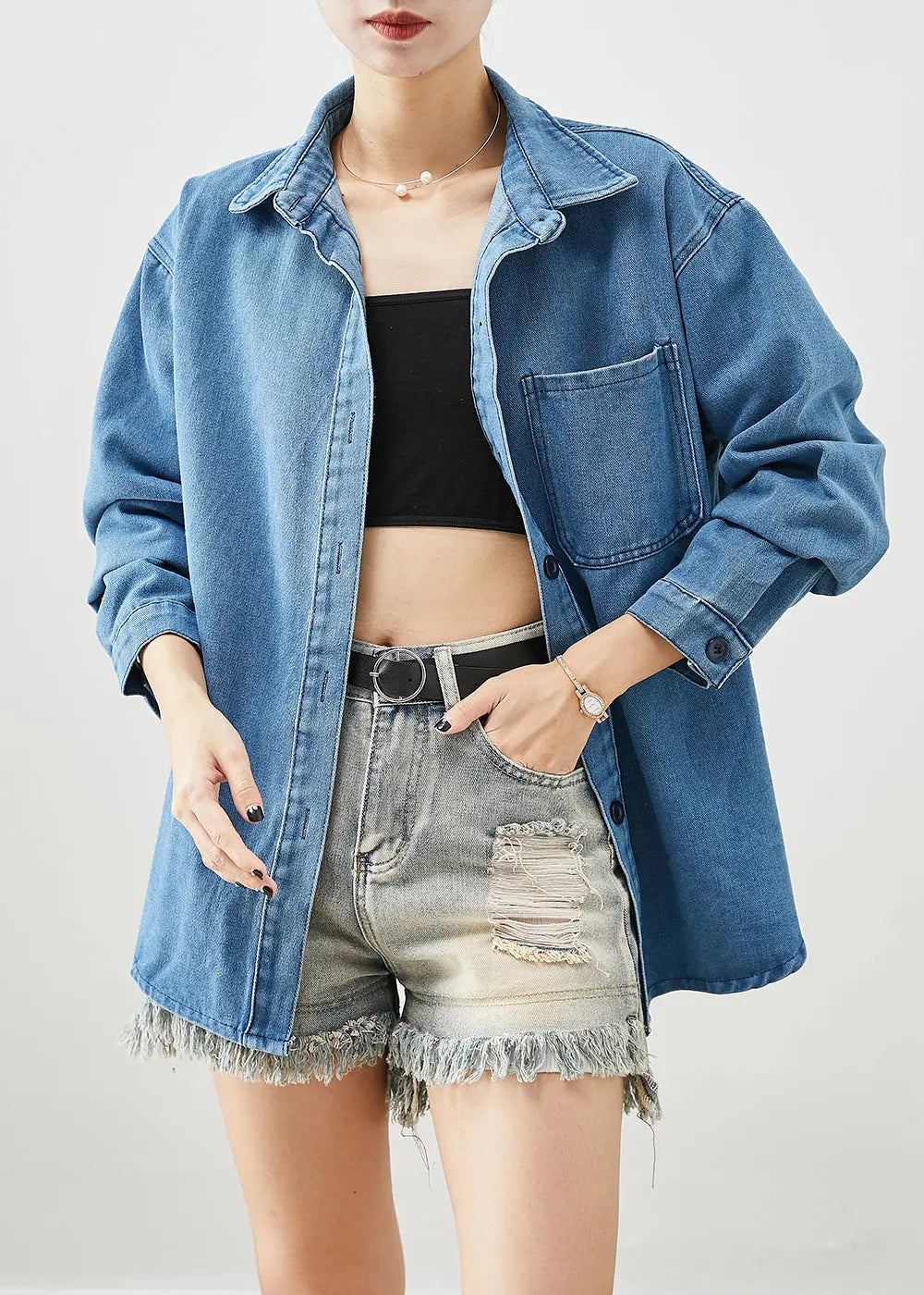 Classy Blue Oversized Pocket Denim Shirt Fall Ada Fashion