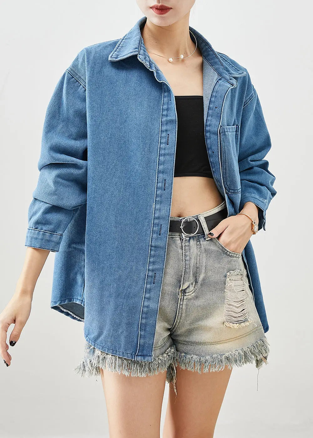 Classy Blue Oversized Pocket Denim Shirt Fall Ada Fashion