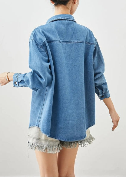 Classy Blue Oversized Pocket Denim Shirt Fall Ada Fashion