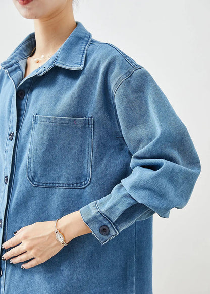 Classy Blue Oversized Pocket Denim Shirt Fall Ada Fashion