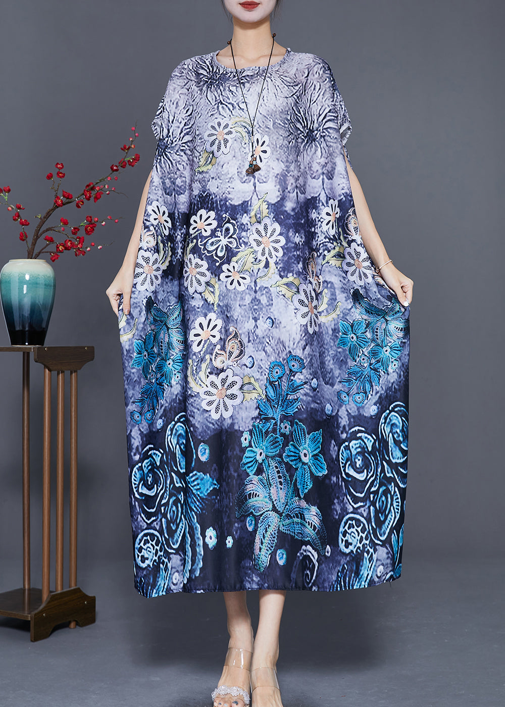 Classy Blue Oversized Print Silk Maxi Dress Batwing Sleeve Ada Fashion