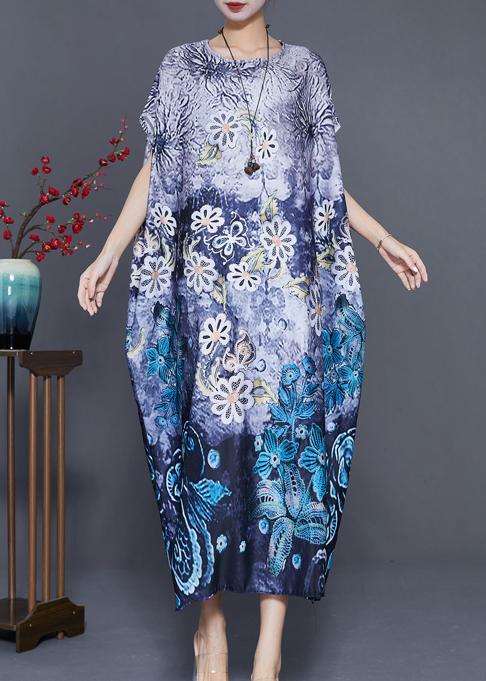 Classy Blue Oversized Print Silk Maxi Dress Batwing Sleeve Ada Fashion