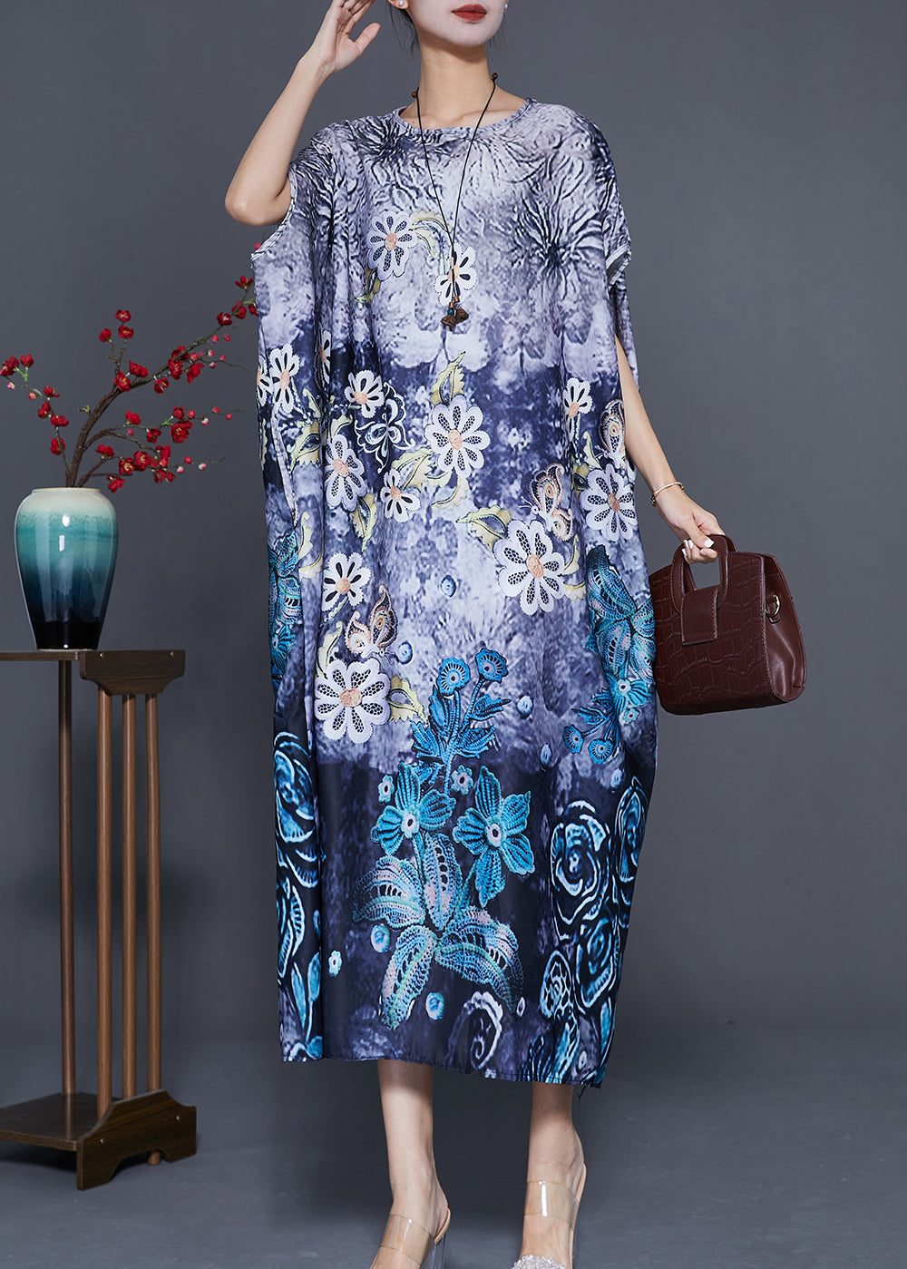 Classy Blue Oversized Print Silk Maxi Dress Batwing Sleeve Ada Fashion