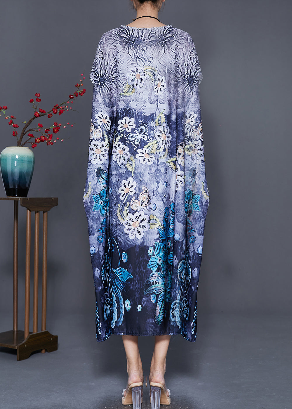 Classy Blue Oversized Print Silk Maxi Dress Batwing Sleeve Ada Fashion